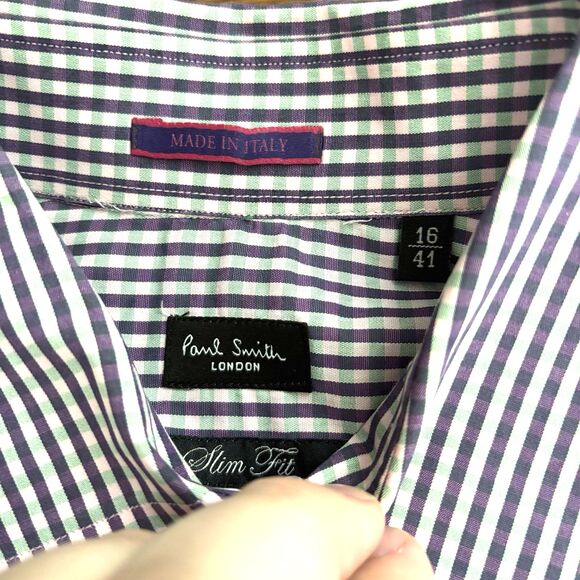 Paul Smith London Gingham Plaid Dress Shirt Mens 16 / 41 Purp Long Sleeve Italy - Picture 4 of 13